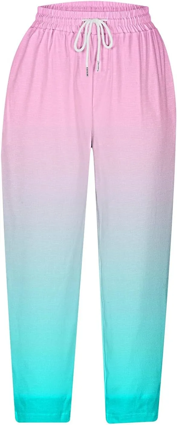 fartey Womens Summer Pants Casual Drawstring Elastic High Waist Capri Pants Floral Print Wide Leg Cropped Pants Trousers