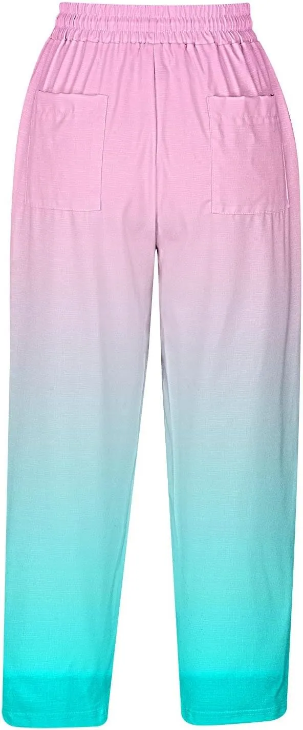fartey Womens Summer Pants Casual Drawstring Elastic High Waist Capri Pants Floral Print Wide Leg Cropped Pants Trousers
