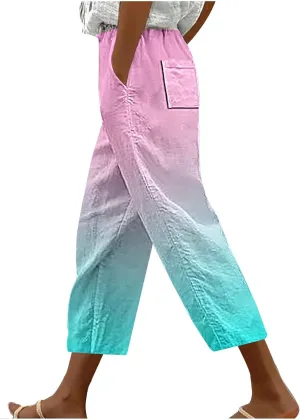 fartey Womens Summer Pants Casual Drawstring Elastic High Waist Capri Pants Floral Print Wide Leg Cropped Pants Trousers