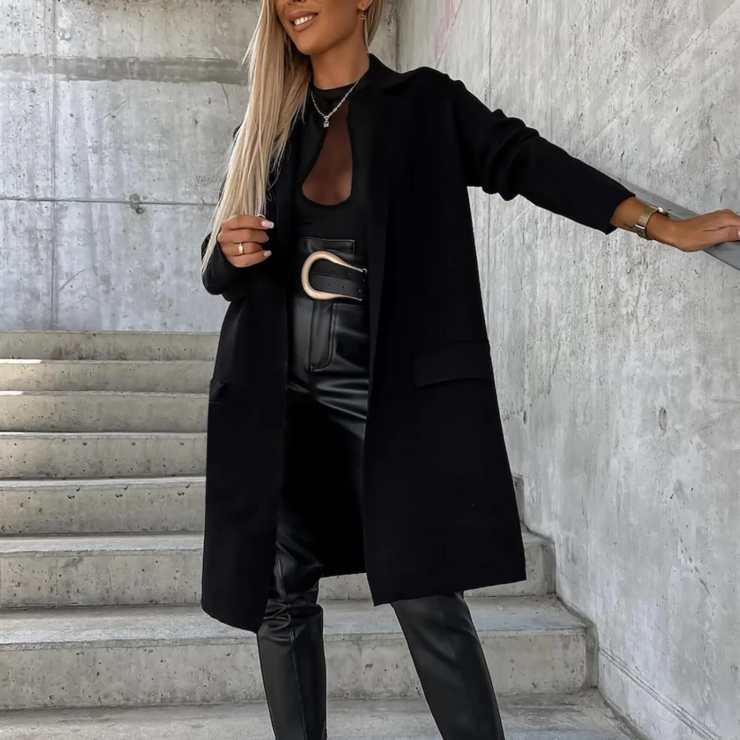 fartey Wool Trench Coat Women 2024 Winter Mid-Long Pea Coats Notch Lapel Single-Breasted Dress Coats Outwear With Pockets