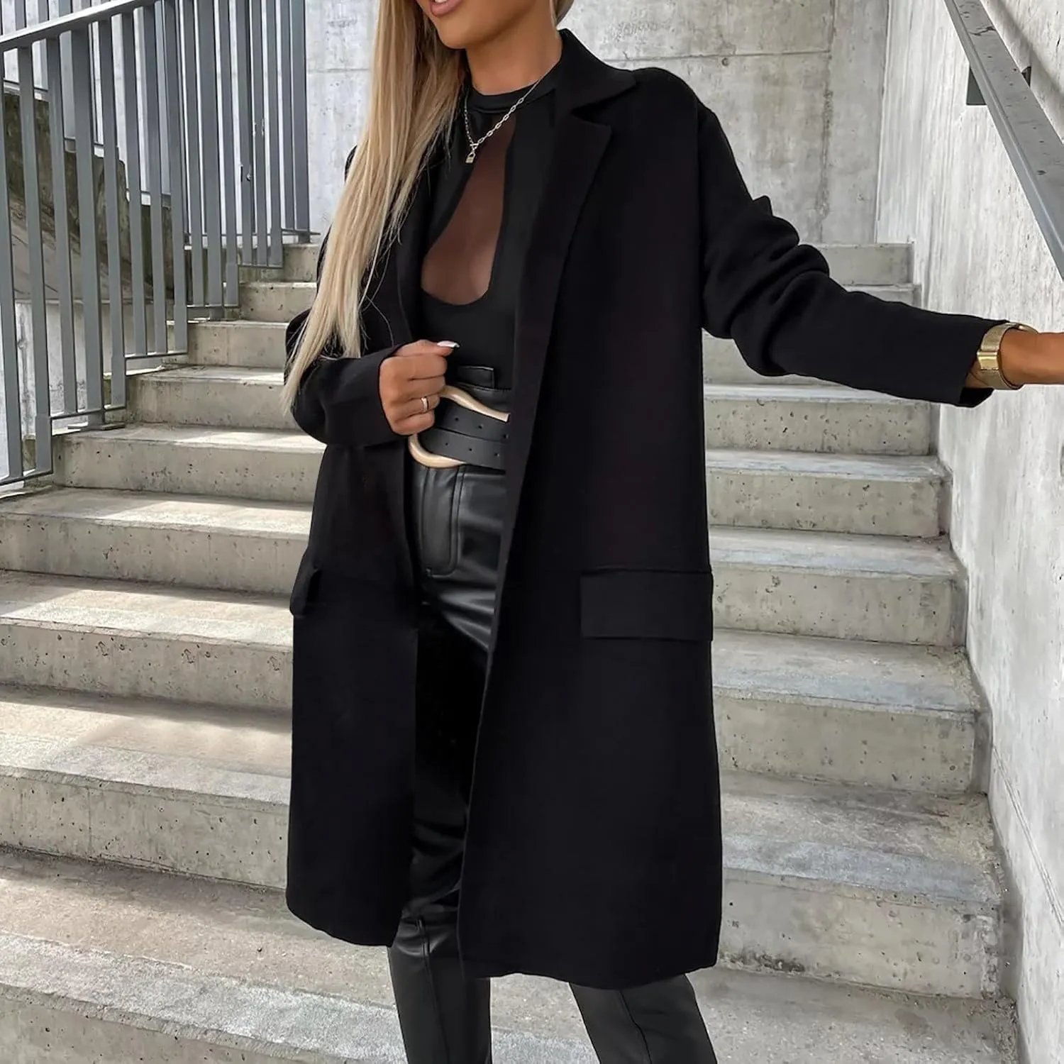 fartey Wool Trench Coat Women 2024 Winter Mid-Long Pea Coats Notch Lapel Single-Breasted Dress Coats Outwear With Pockets