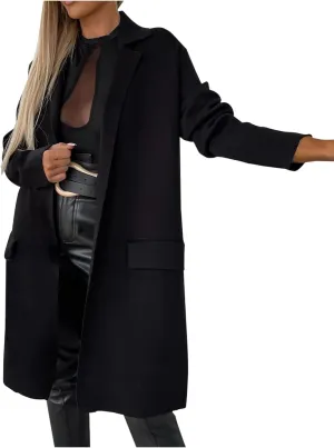 fartey Wool Trench Coat Women 2024 Winter Mid-Long Pea Coats Notch Lapel Single-Breasted Dress Coats Outwear With Pockets