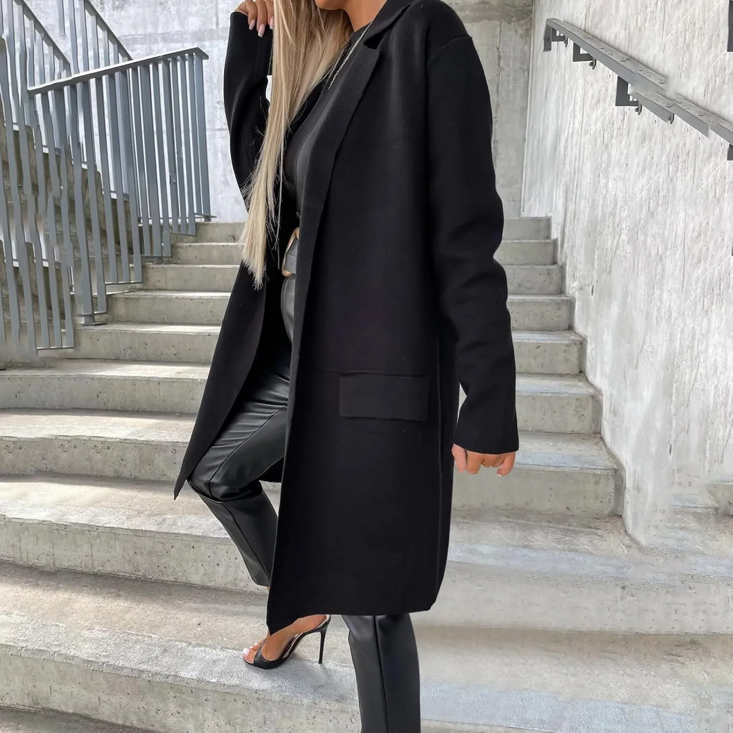 fartey Wool Trench Coat Women 2024 Winter Mid-Long Pea Coats Notch Lapel Single-Breasted Dress Coats Outwear With Pockets