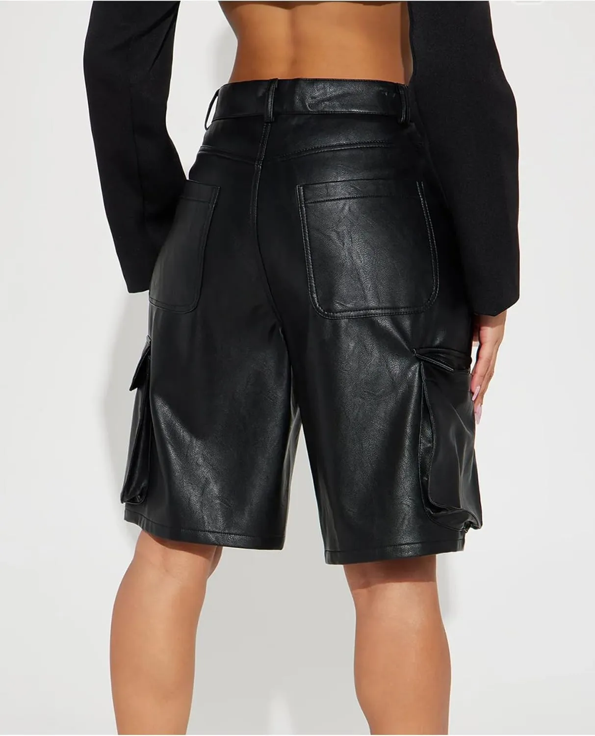 Faux Leather Cargo Shorts for Women High Waisted Casual Wide Leg Bermuda Shorts with Pockets