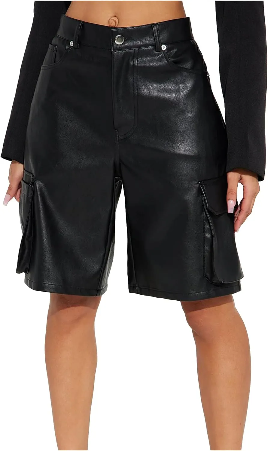 Faux Leather Cargo Shorts for Women High Waisted Casual Wide Leg Bermuda Shorts with Pockets