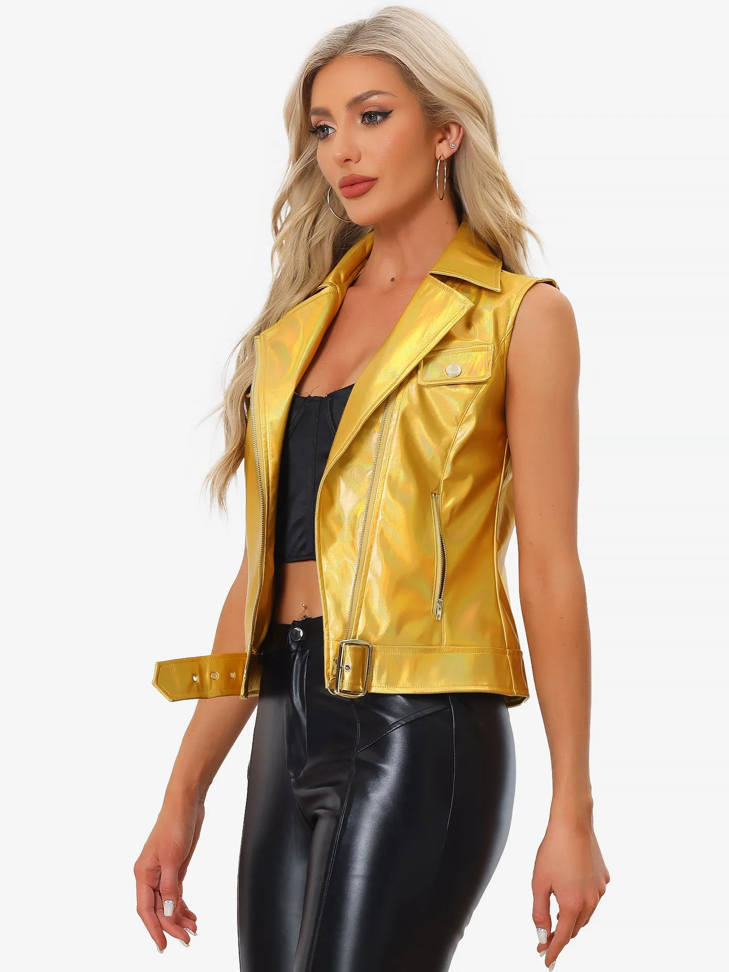 Faux Leather Vest Lapel Sleeveless Moto Motorcycle Biker Jacket