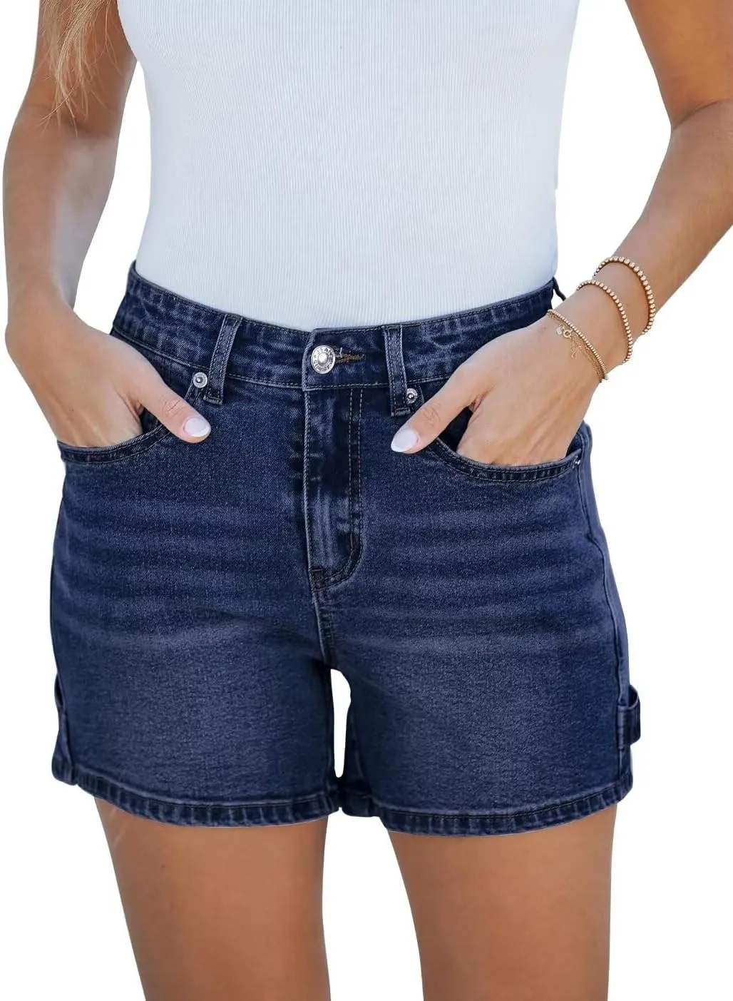 FEKOAFE 2025 Womens Casual Mid/High Waisted Denim Shorts Summer Stretchy Ripped Jean Shorts for Women