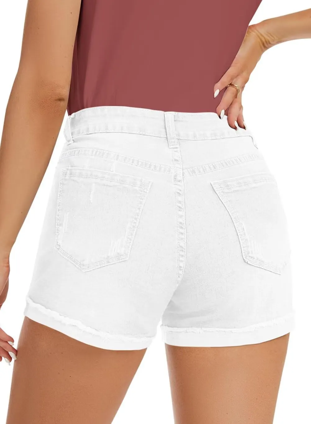 FEKOAFE 2025 Womens Casual Mid/High Waisted Denim Shorts Summer Stretchy Ripped Jean Shorts for Women