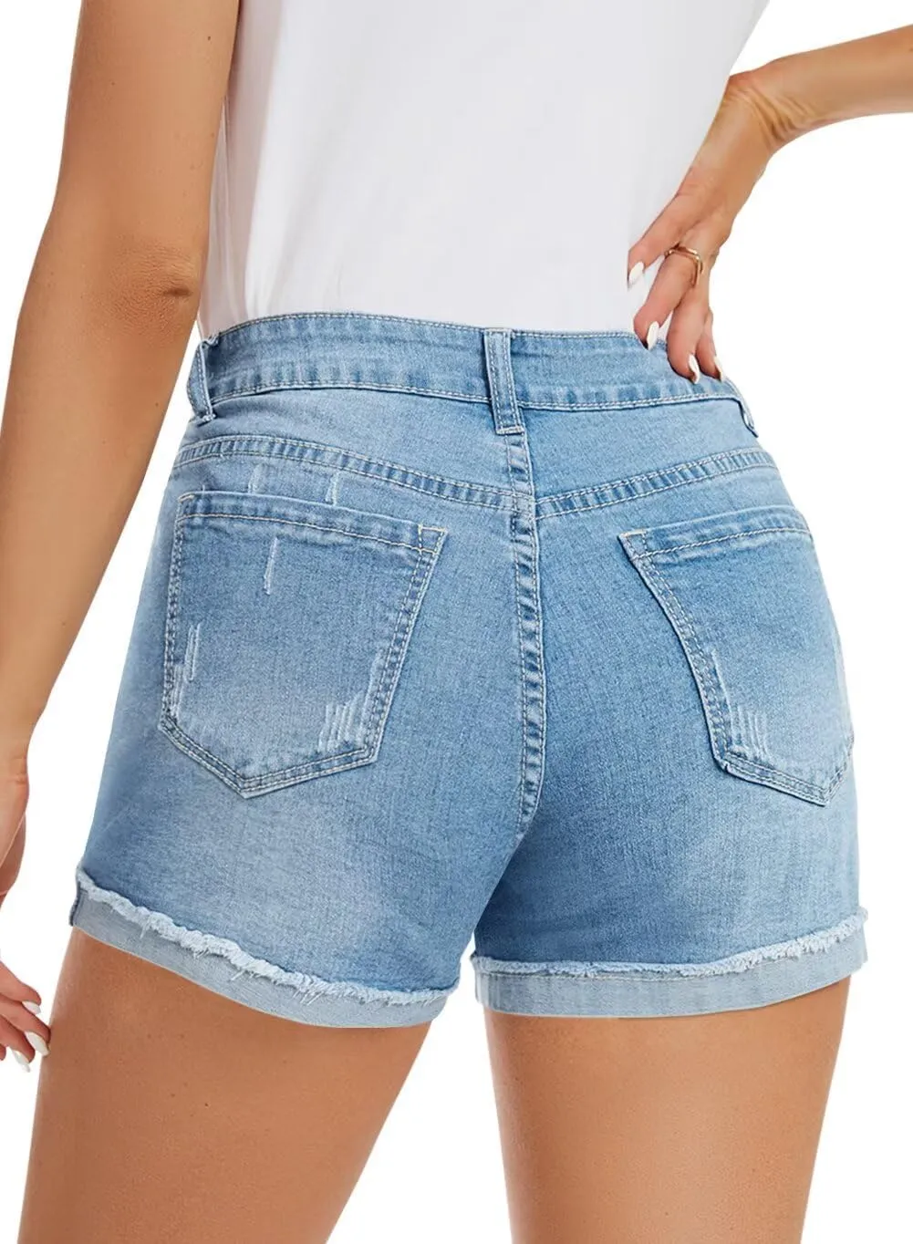 FEKOAFE 2025 Womens Casual Mid/High Waisted Denim Shorts Summer Stretchy Ripped Jean Shorts for Women