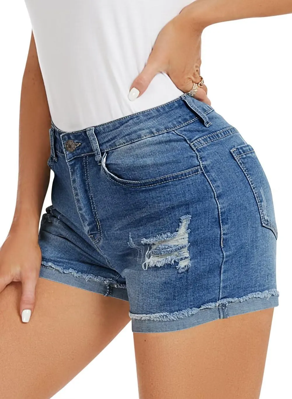 FEKOAFE 2025 Womens Casual Mid/High Waisted Denim Shorts Summer Stretchy Ripped Jean Shorts for Women