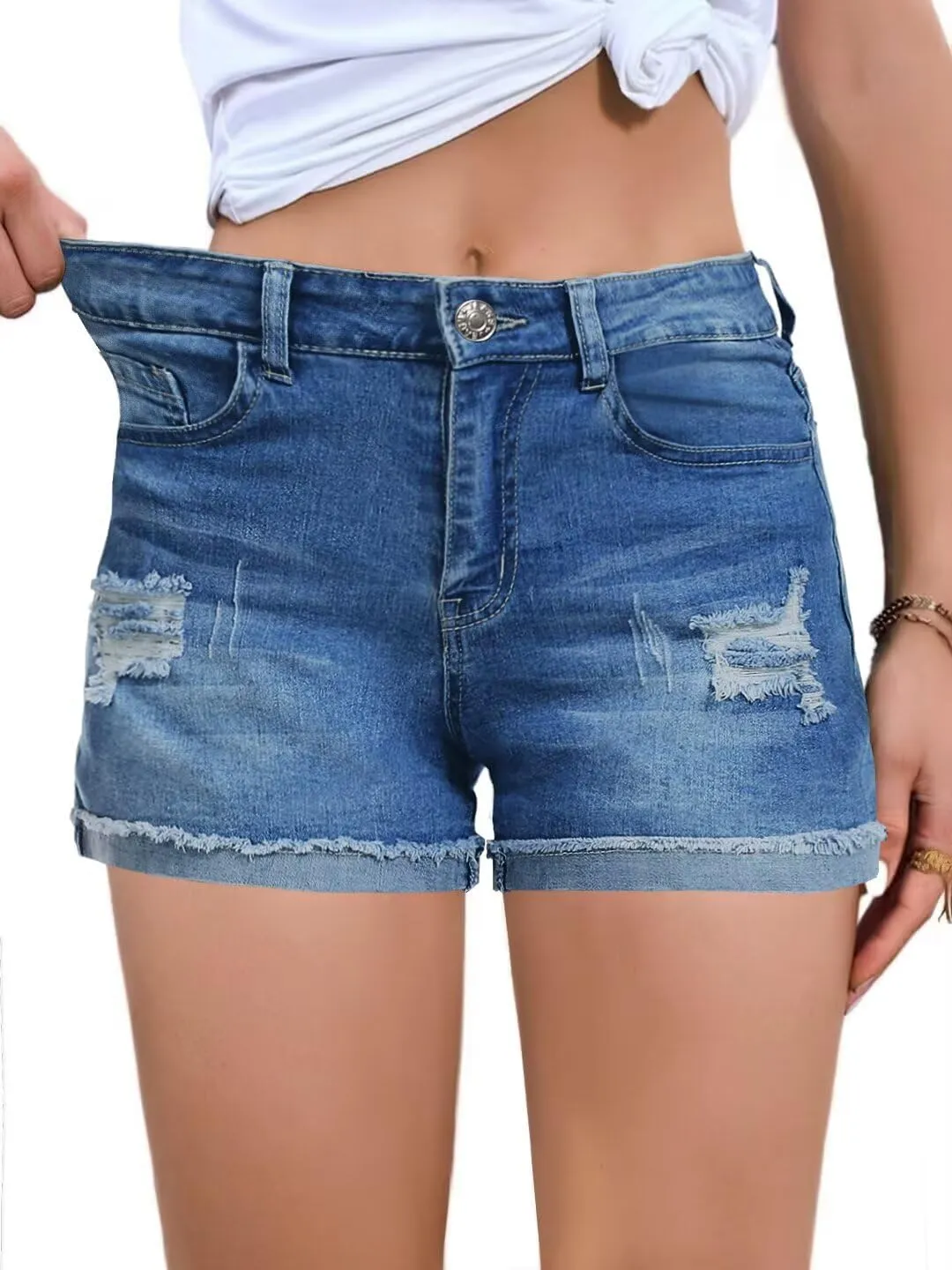 FEKOAFE 2025 Womens Casual Mid/High Waisted Denim Shorts Summer Stretchy Ripped Jean Shorts for Women