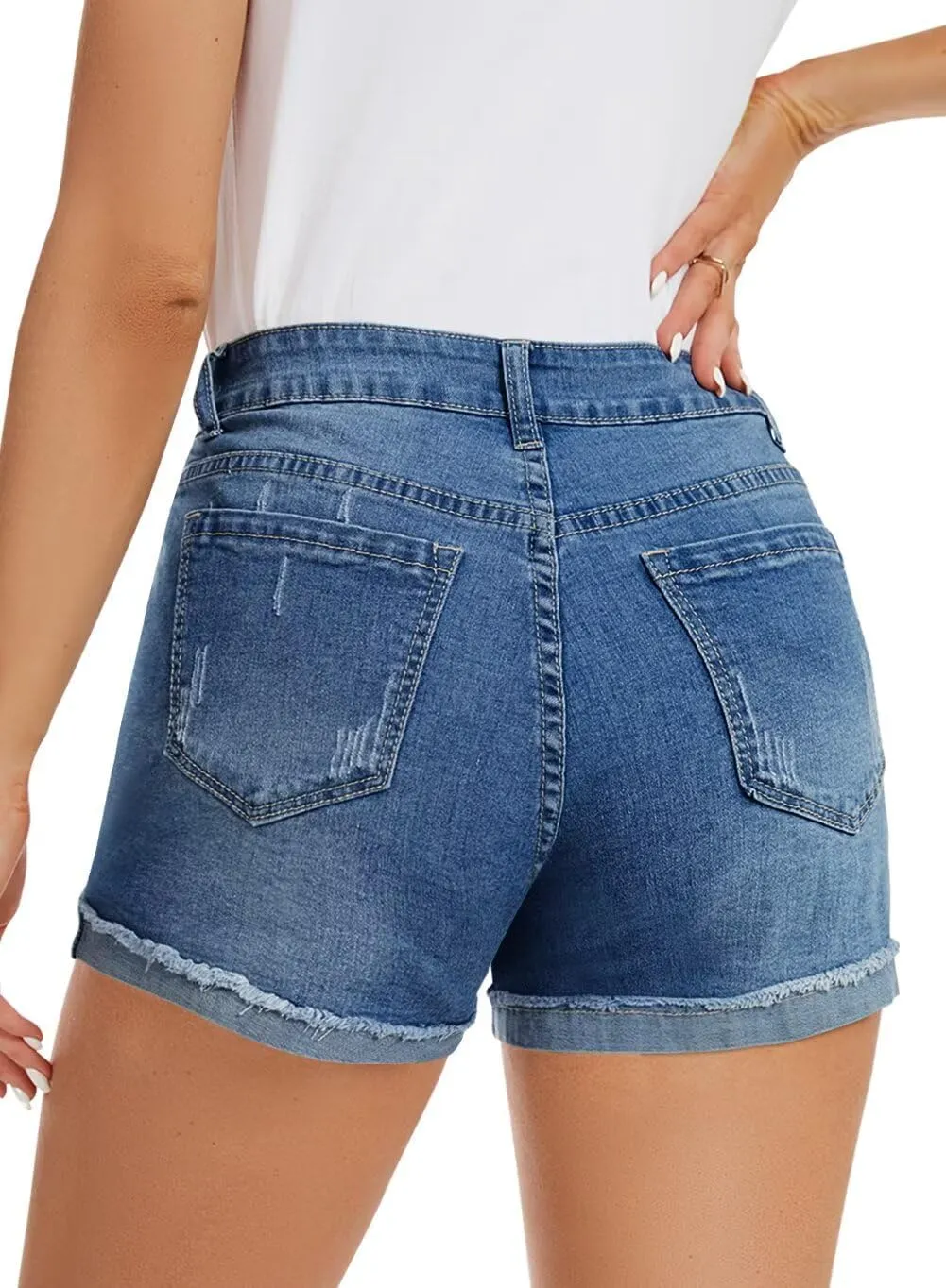 FEKOAFE 2025 Womens Casual Mid/High Waisted Denim Shorts Summer Stretchy Ripped Jean Shorts for Women