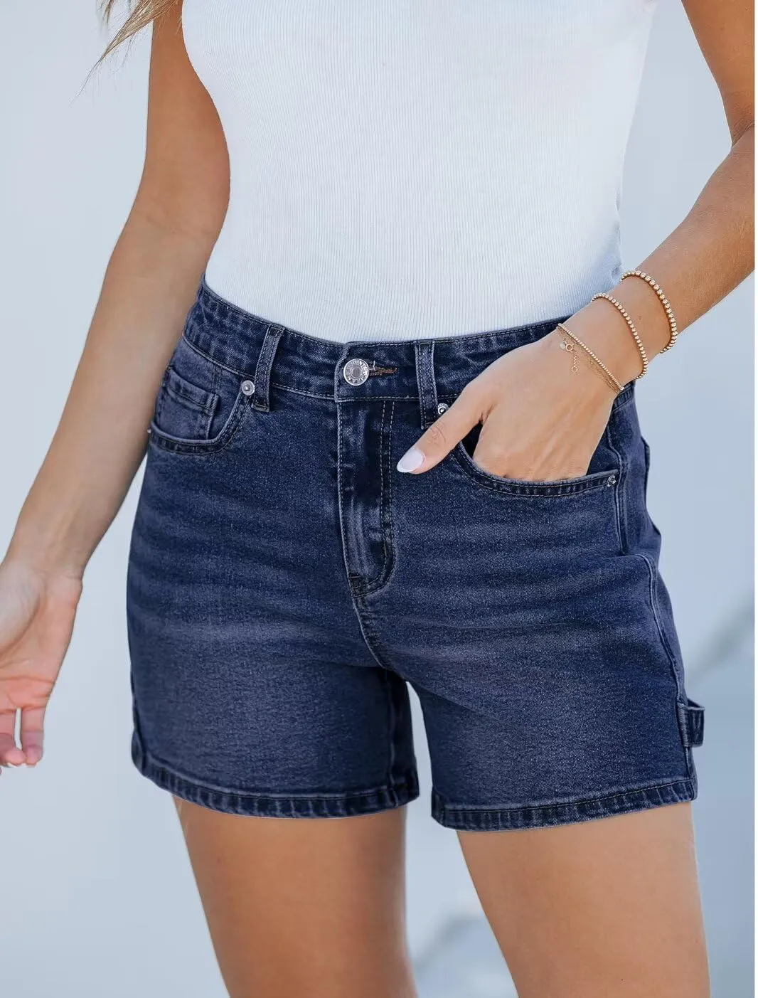 FEKOAFE 2025 Womens Casual Mid/High Waisted Denim Shorts Summer Stretchy Ripped Jean Shorts for Women