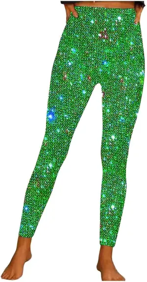 Firzero Black Leggings Women Dressy Sequin Bling Legging Joggers Elastic High Waist Pencil Pants Sparkly Skinny Trousers