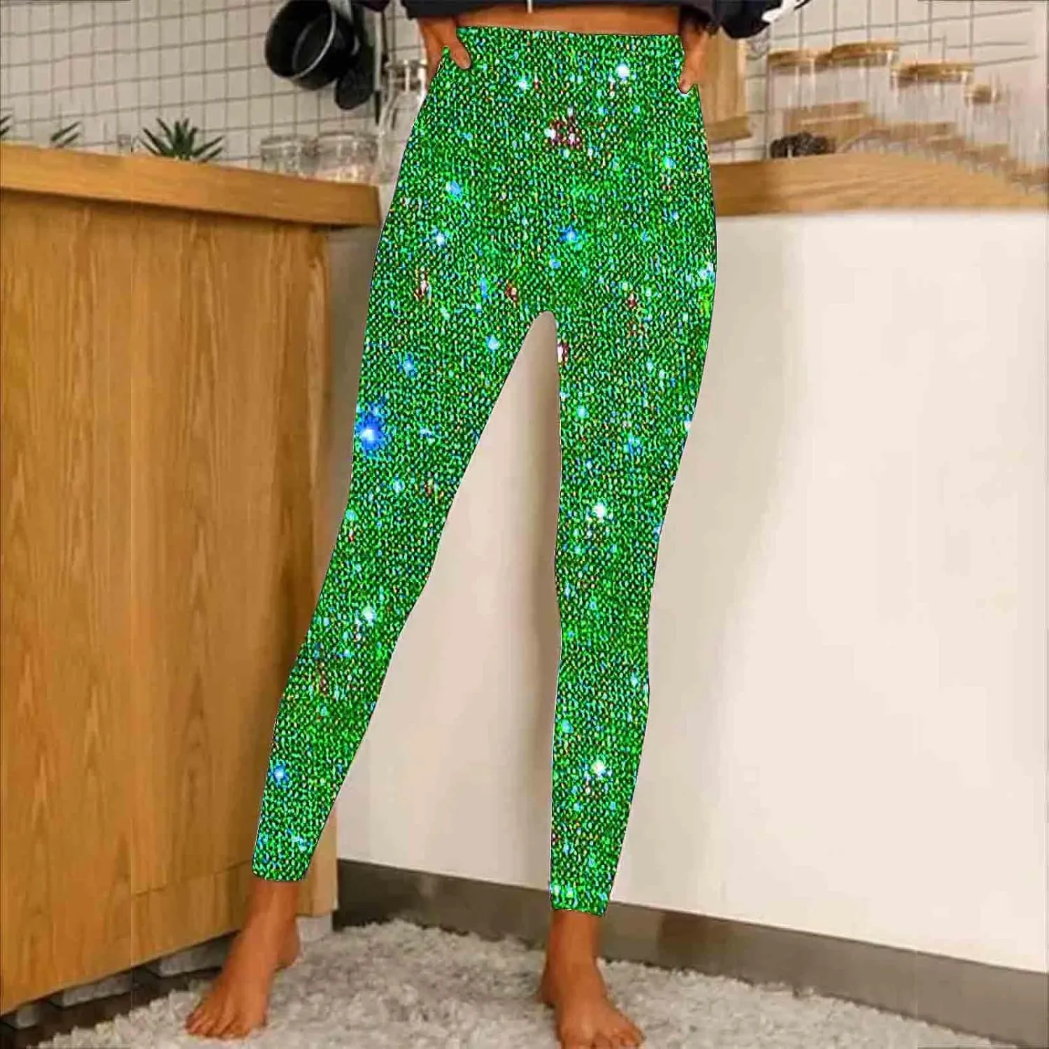 Firzero Black Leggings Women Dressy Sequin Bling Legging Joggers Elastic High Waist Pencil Pants Sparkly Skinny Trousers