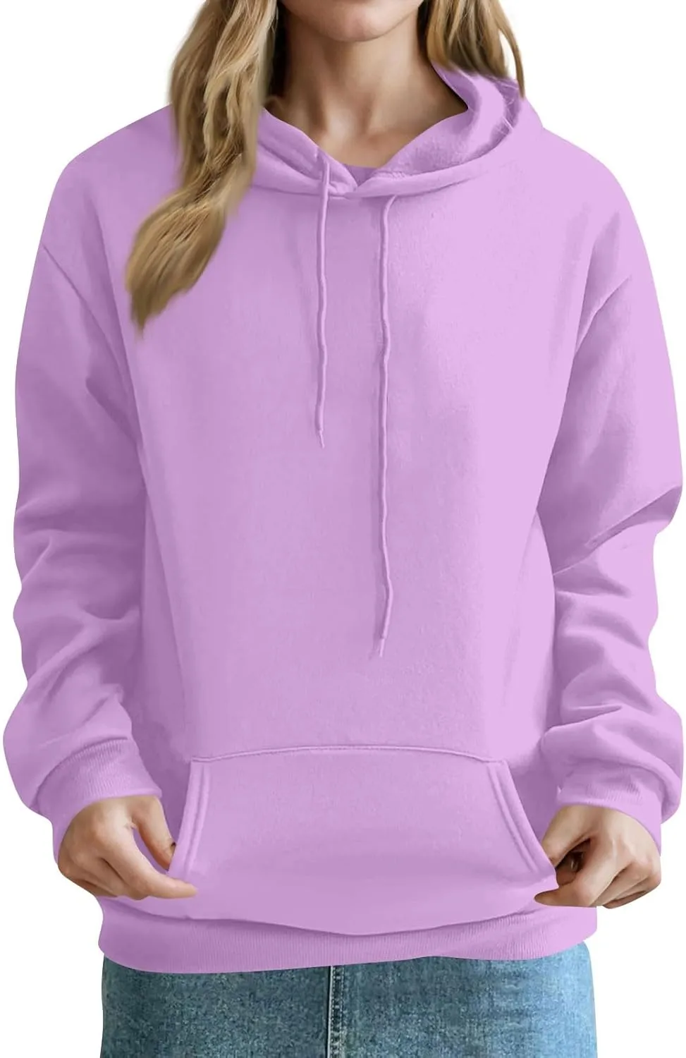 Fleece Hoodie Women Lightweight Drop Shoulder Oversized Sweatshirt Drawstring Casual Plush Workout Hoodies w/Pockets