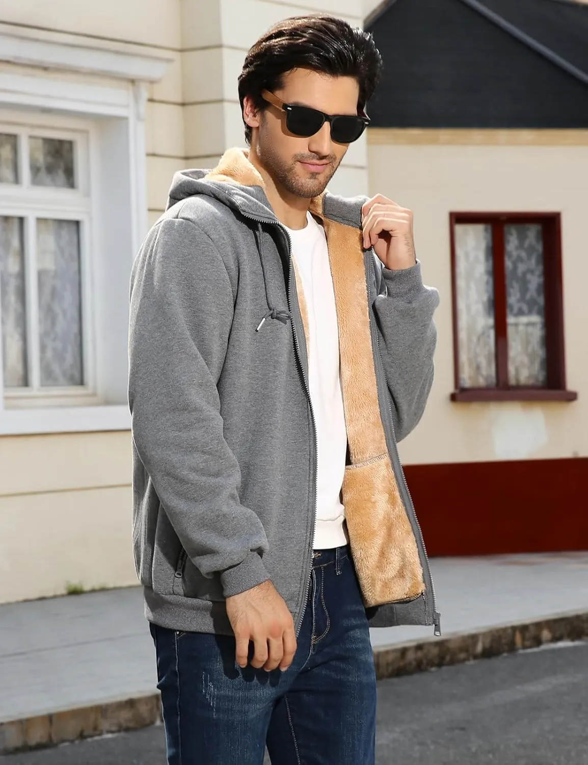 Fleece Hoodies for Men Heavyweight Winter Full-Zip Sweatshirt Sherpa Lined Hooded Thermal Jacket Thick Warm Coats