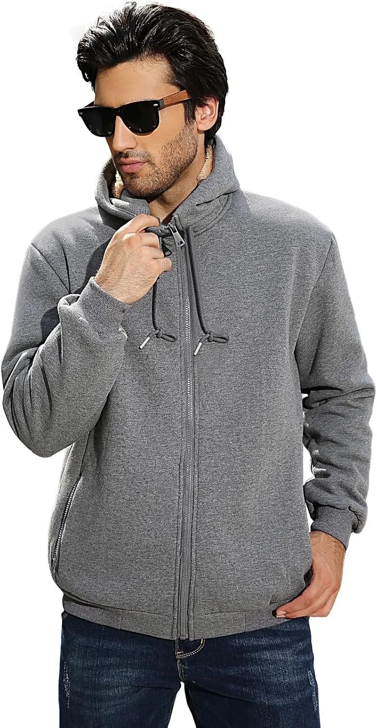 Fleece Hoodies for Men Heavyweight Winter Full-Zip Sweatshirt Sherpa Lined Hooded Thermal Jacket Thick Warm Coats