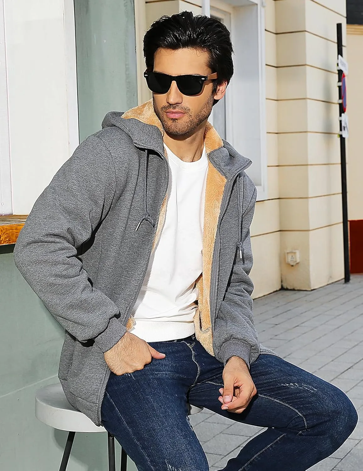 Fleece Hoodies for Men Heavyweight Winter Full-Zip Sweatshirt Sherpa Lined Hooded Thermal Jacket Thick Warm Coats