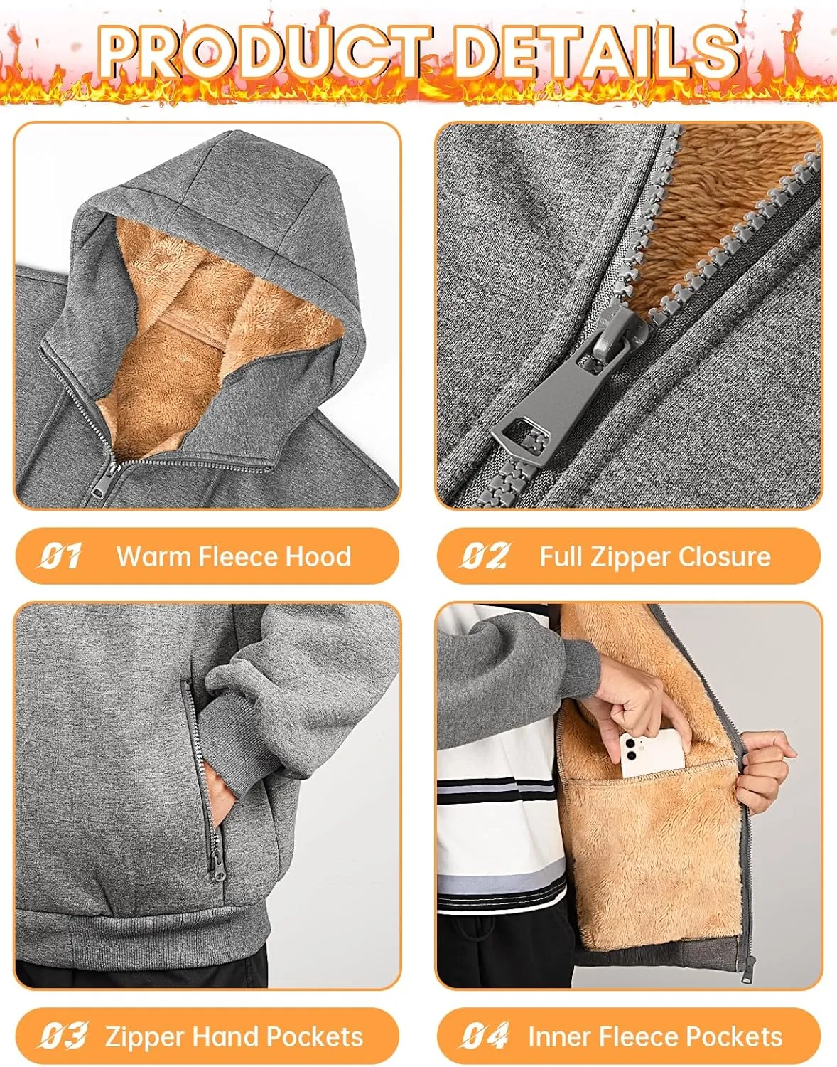 Fleece Hoodies for Men Heavyweight Winter Full-Zip Sweatshirt Sherpa Lined Hooded Thermal Jacket Thick Warm Coats