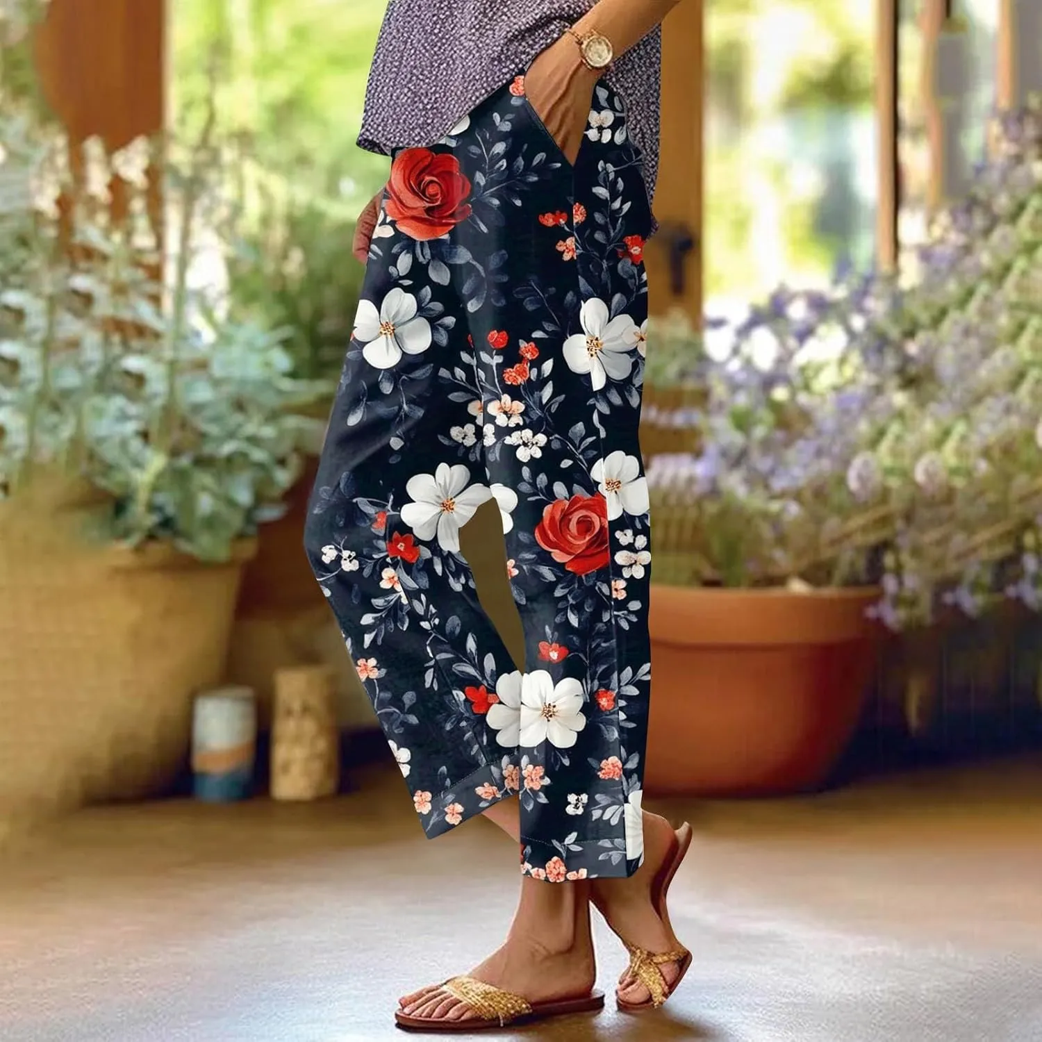 Flowy Pants for Women Boho Summer Linen Pants High Waisted Wide Leg Palazzo Pant Floral Beach Pant with Pockets