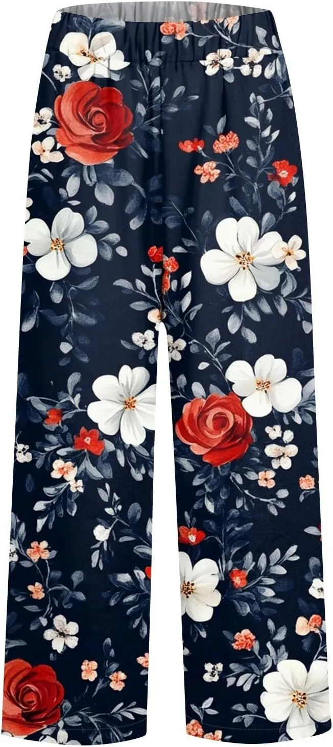 Flowy Pants for Women Boho Summer Linen Pants High Waisted Wide Leg Palazzo Pant Floral Beach Pant with Pockets
