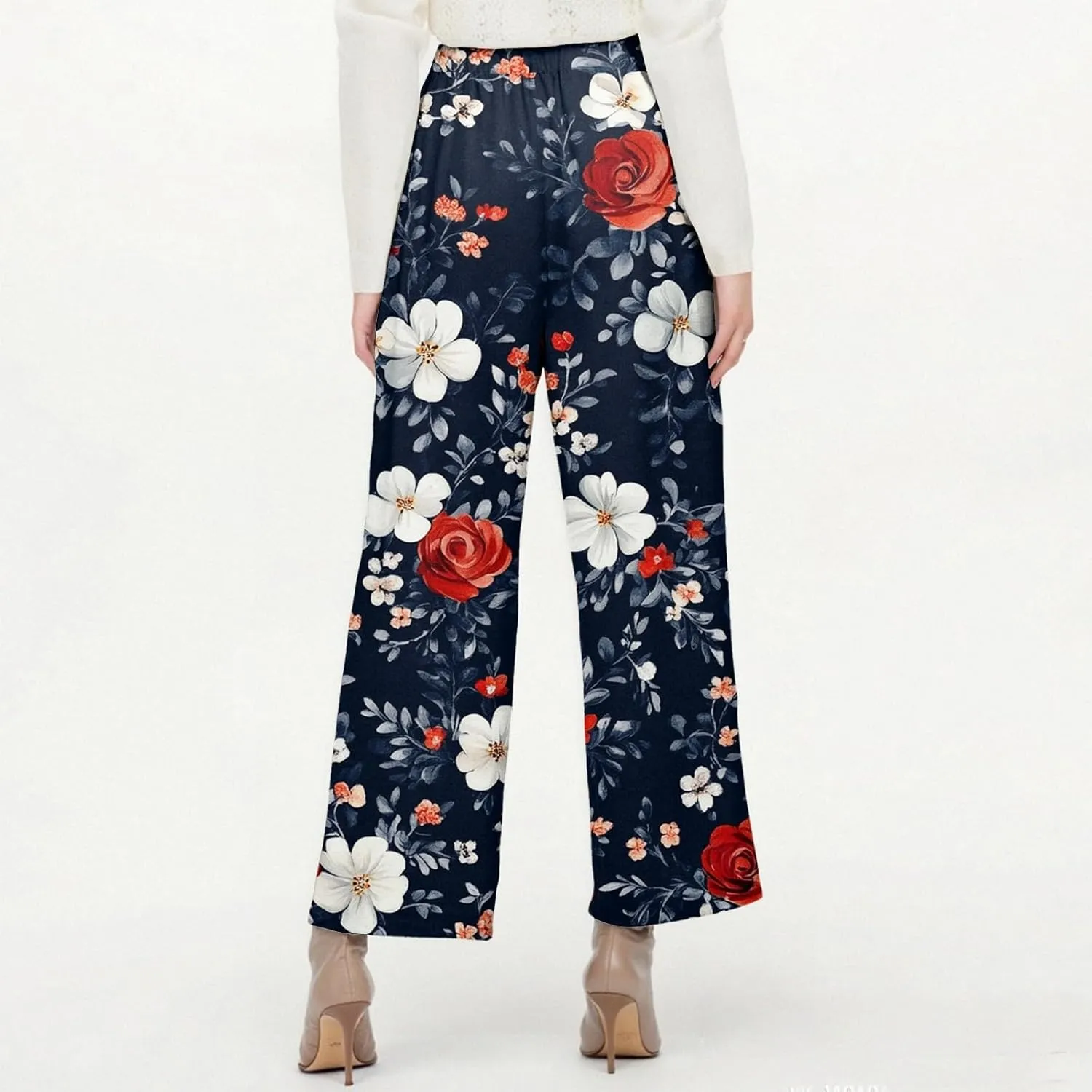 Flowy Pants for Women Boho Summer Linen Pants High Waisted Wide Leg Palazzo Pant Floral Beach Pant with Pockets