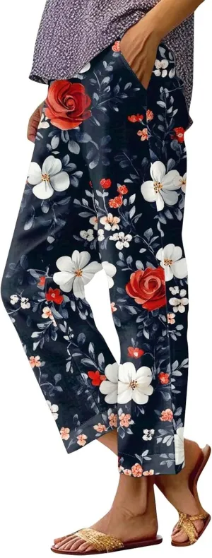 Flowy Pants for Women Boho Summer Linen Pants High Waisted Wide Leg Palazzo Pant Floral Beach Pant with Pockets
