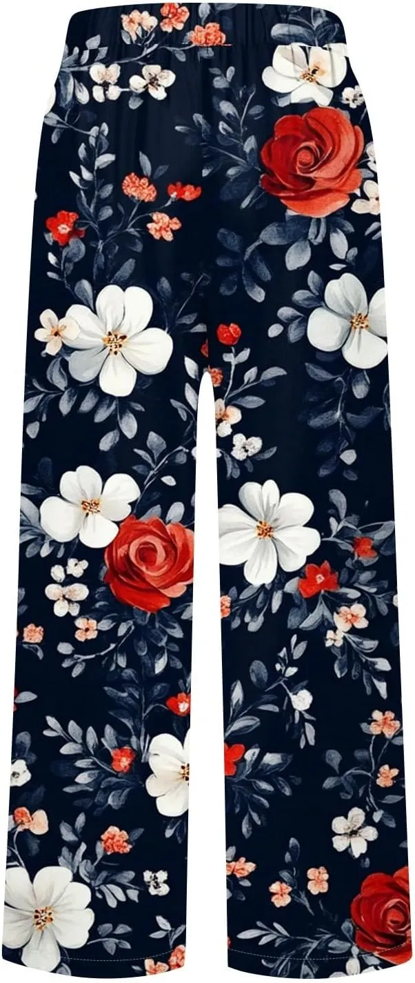Flowy Pants for Women Boho Summer Linen Pants High Waisted Wide Leg Palazzo Pant Floral Beach Pant with Pockets