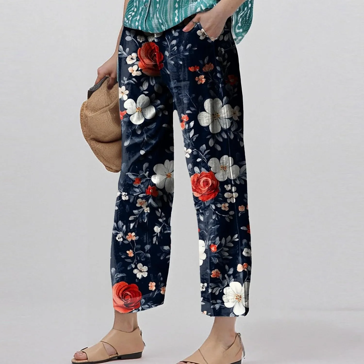 Flowy Pants for Women Boho Summer Linen Pants High Waisted Wide Leg Palazzo Pant Floral Beach Pant with Pockets