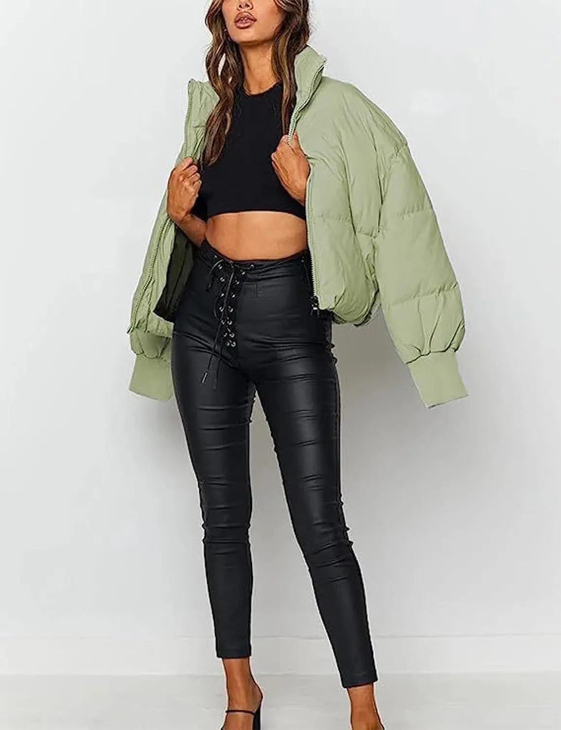 Flygo Winter Cropped Puffer Jacket Coats for Women 2024 Short Warm Quilted Jackets Outerwear with Pockets