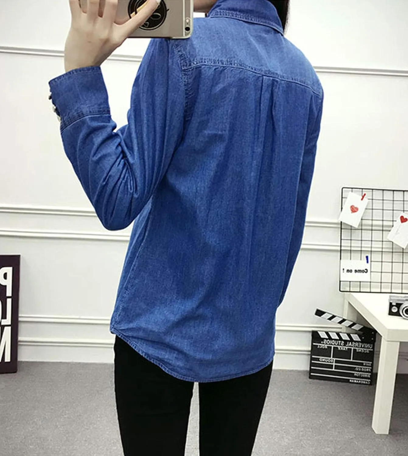 Flygo Women's Thermal Flannel Cotton Fleece Lined Long Sleeve Buttoned Denim Shirt Jacket