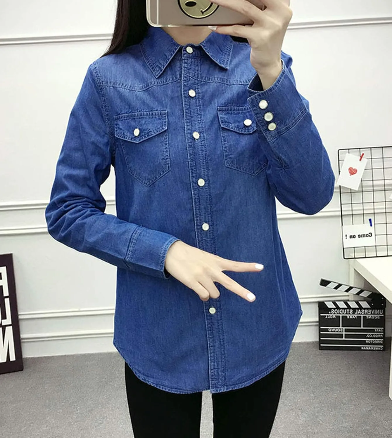 Flygo Women's Thermal Flannel Cotton Fleece Lined Long Sleeve Buttoned Denim Shirt Jacket