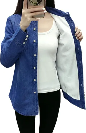 Flygo Women's Thermal Flannel Cotton Fleece Lined Long Sleeve Buttoned Denim Shirt Jacket