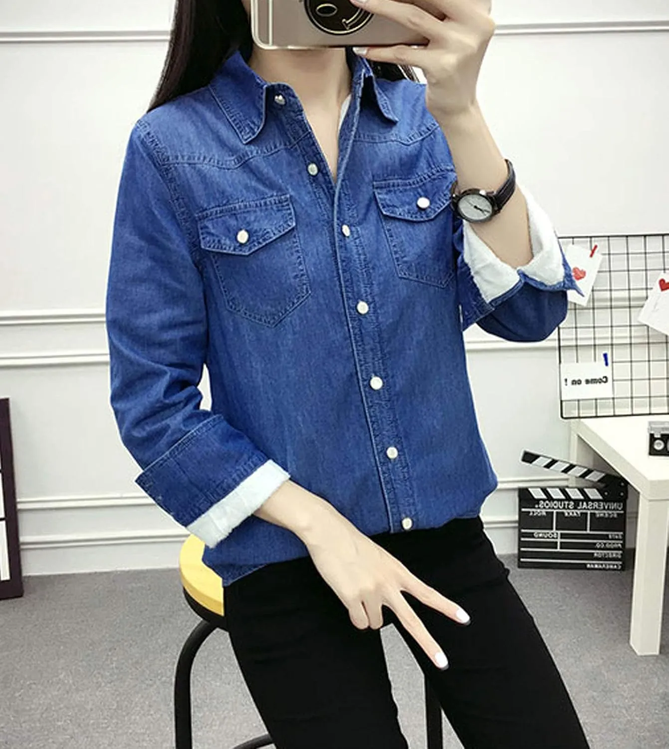 Flygo Women's Thermal Flannel Cotton Fleece Lined Long Sleeve Buttoned Denim Shirt Jacket