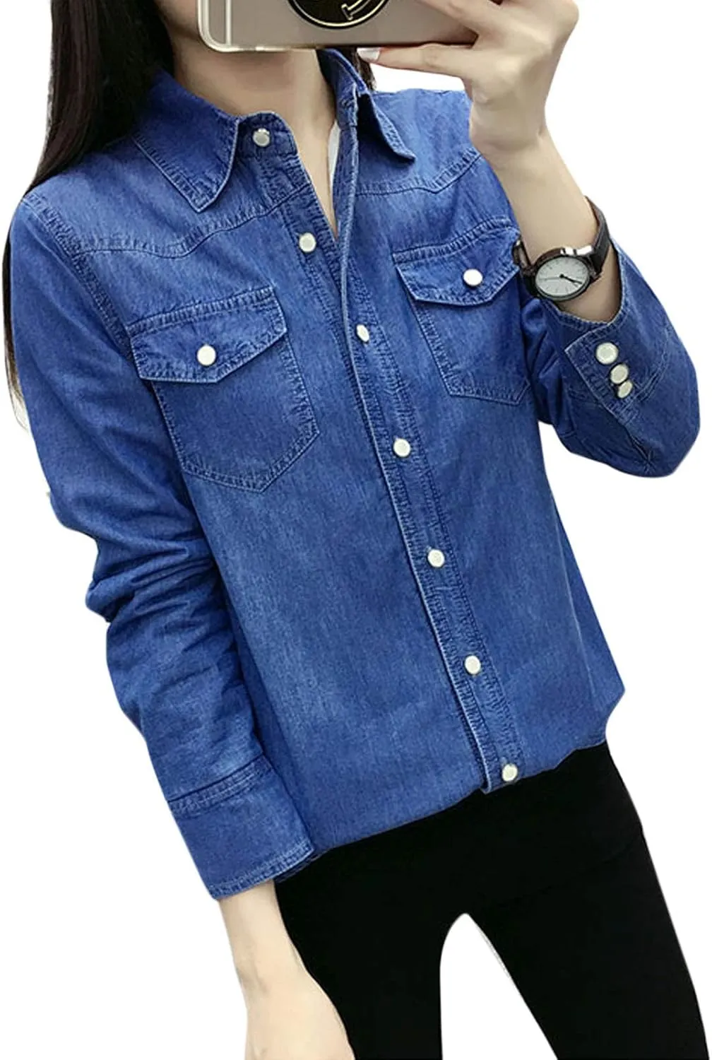 Flygo Women's Thermal Flannel Cotton Fleece Lined Long Sleeve Buttoned Denim Shirt Jacket
