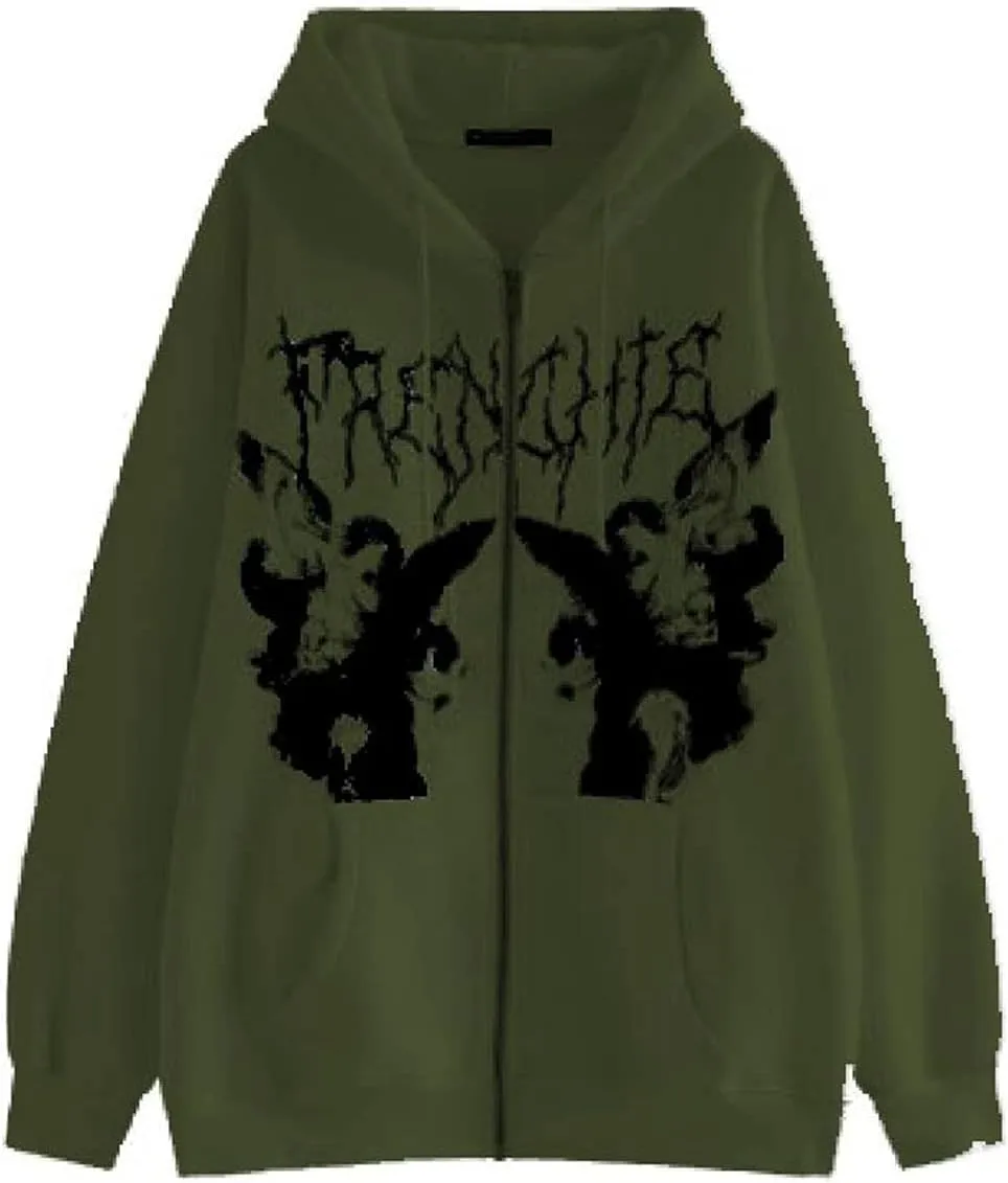 Franhais Gothic Zip Up Hoodie Oversized Women Sweatshirt Harajuku Punk E-Girls Y2K Aesthetic Autumn Outwear Jacket