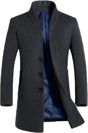 FTCayanz Men's Wool Trench Coat Long Slim Fit Overcoat Winter Single Breasted Top Coats With Pockets