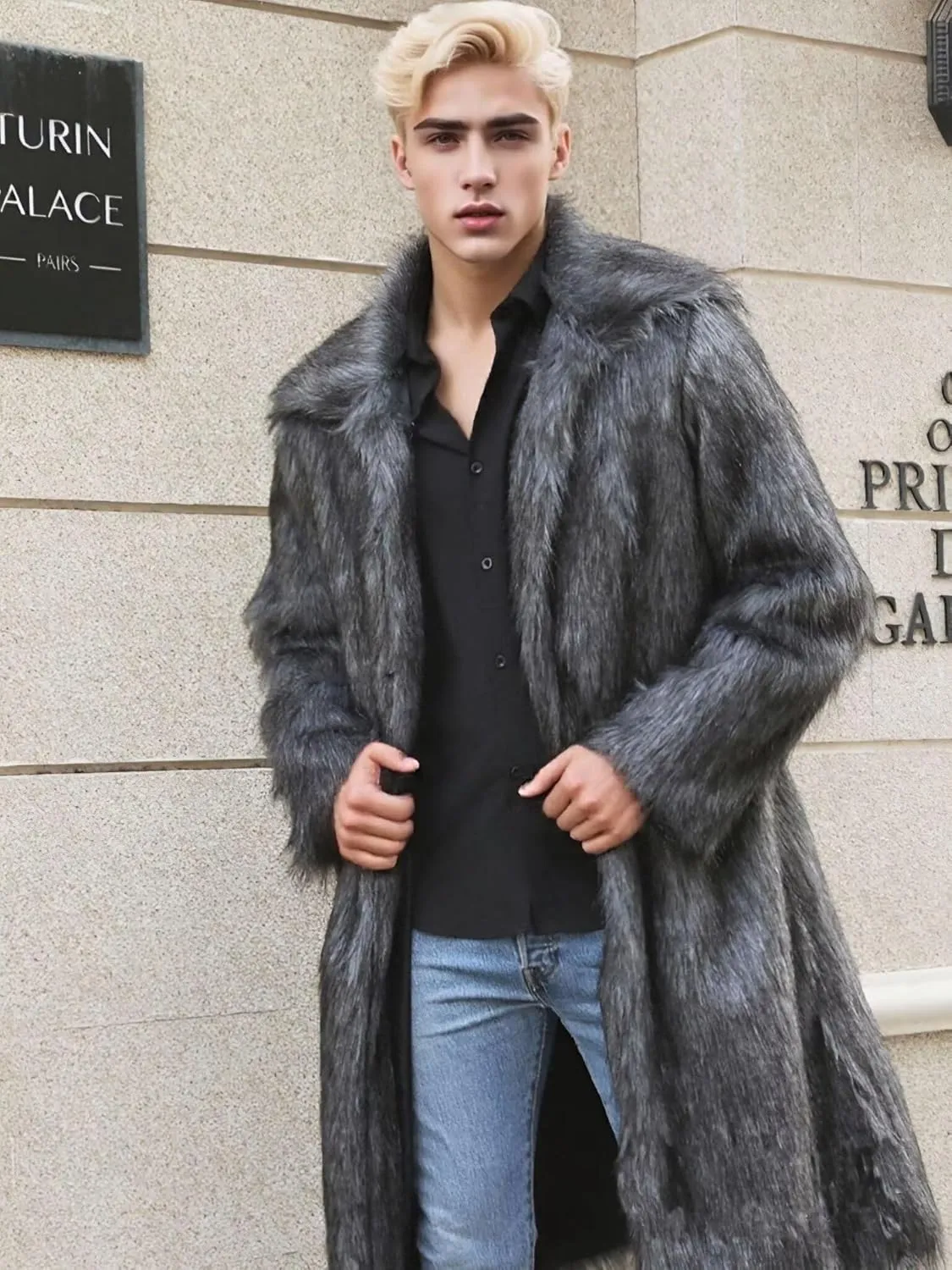 FTIMILD Men's Long Faux Fur Coat Single Breasted Warm Winter Trench Coat Fluffy Thick Overcoat