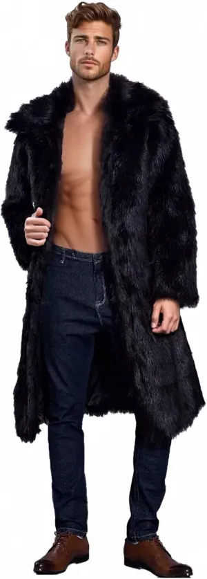 FTIMILD Men's Long Faux Fur Coat Single Breasted Warm Winter Trench Coat Fluffy Thick Overcoat