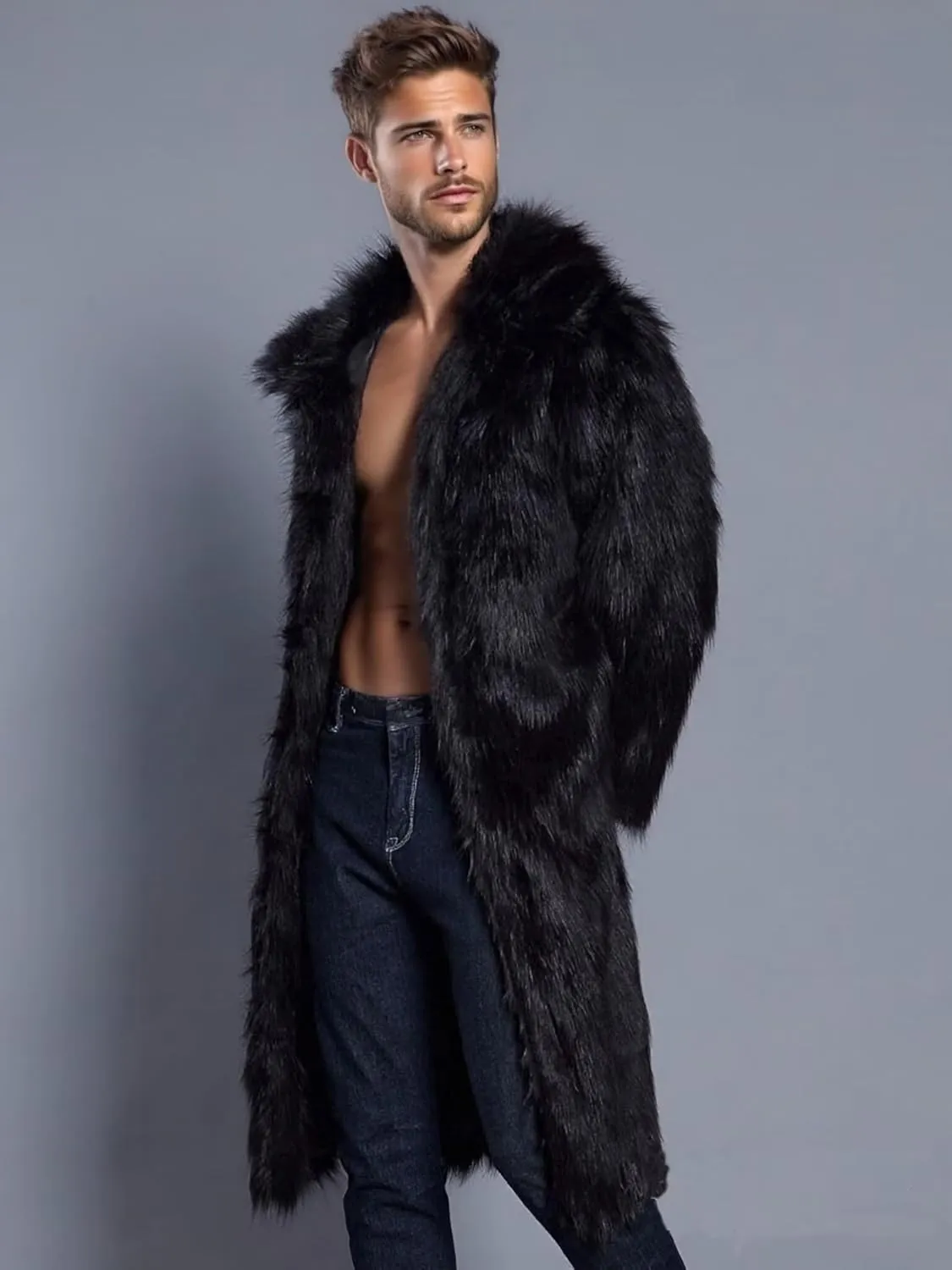 FTIMILD Men's Long Faux Fur Coat Single Breasted Warm Winter Trench Coat Fluffy Thick Overcoat