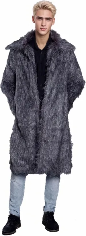FTIMILD Men's Long Faux Fur Coat Single Breasted Warm Winter Trench Coat Fluffy Thick Overcoat