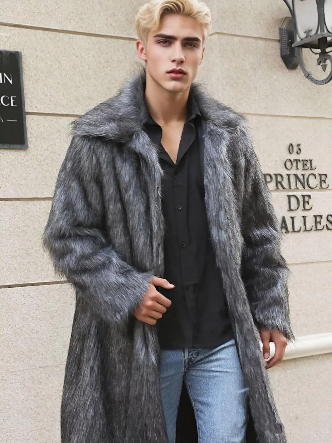 FTIMILD Men's Long Faux Fur Coat Single Breasted Warm Winter Trench Coat Fluffy Thick Overcoat