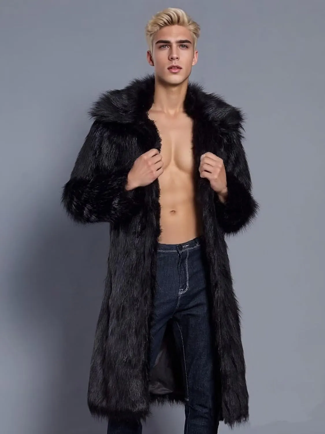 FTIMILD Men's Long Faux Fur Coat Single Breasted Warm Winter Trench Coat Fluffy Thick Overcoat