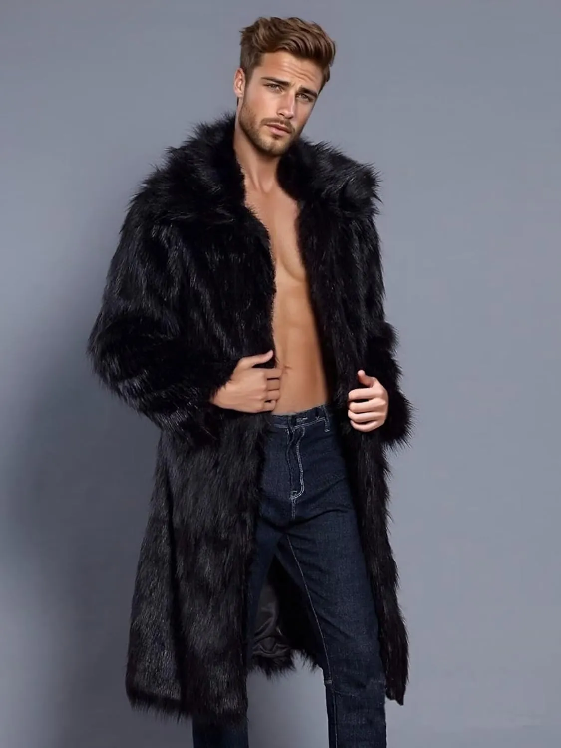 FTIMILD Men's Long Faux Fur Coat Single Breasted Warm Winter Trench Coat Fluffy Thick Overcoat