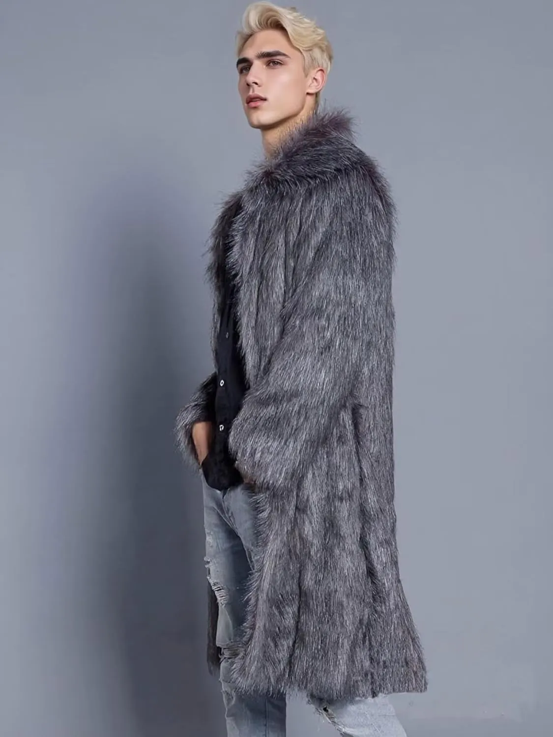 FTIMILD Men's Long Faux Fur Coat Single Breasted Warm Winter Trench Coat Fluffy Thick Overcoat