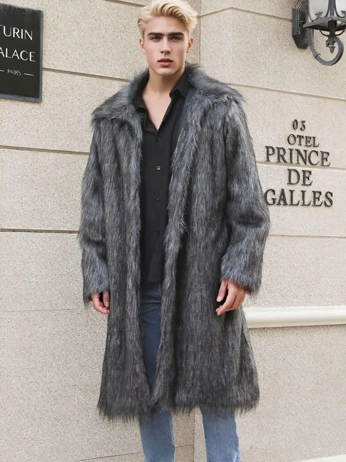 FTIMILD Men's Long Faux Fur Coat Single Breasted Warm Winter Trench Coat Fluffy Thick Overcoat