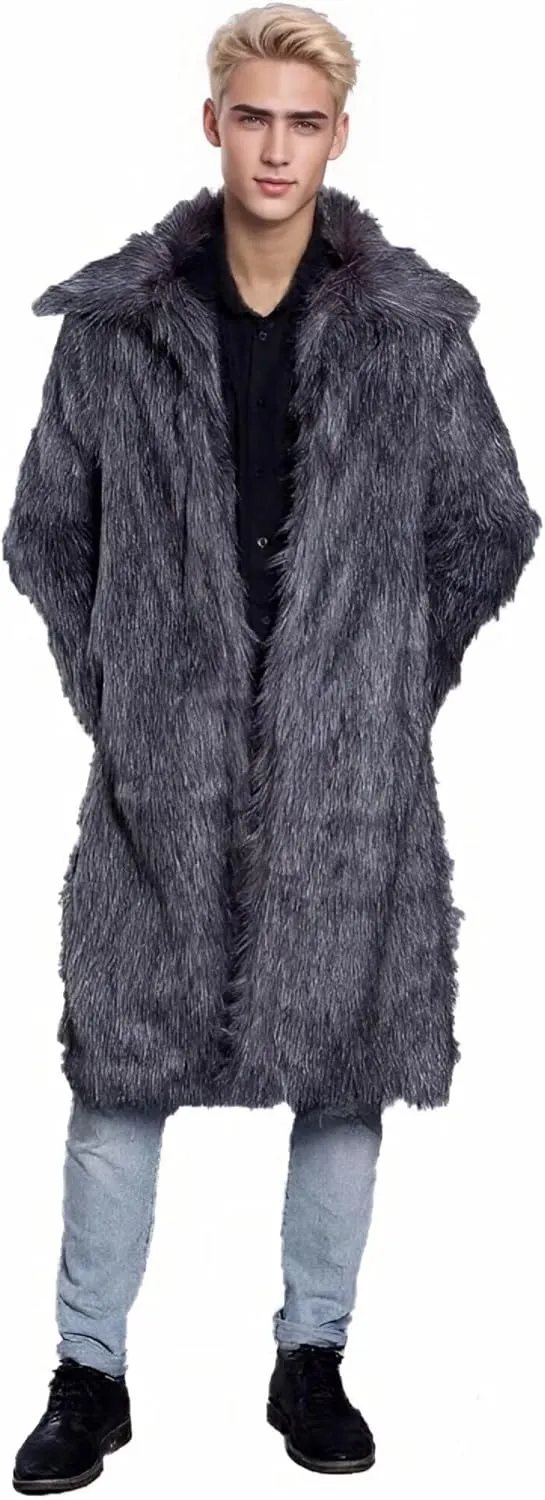 FTIMILD Men's Long Faux Fur Coat Single Breasted Warm Winter Trench Coat Fluffy Thick Overcoat