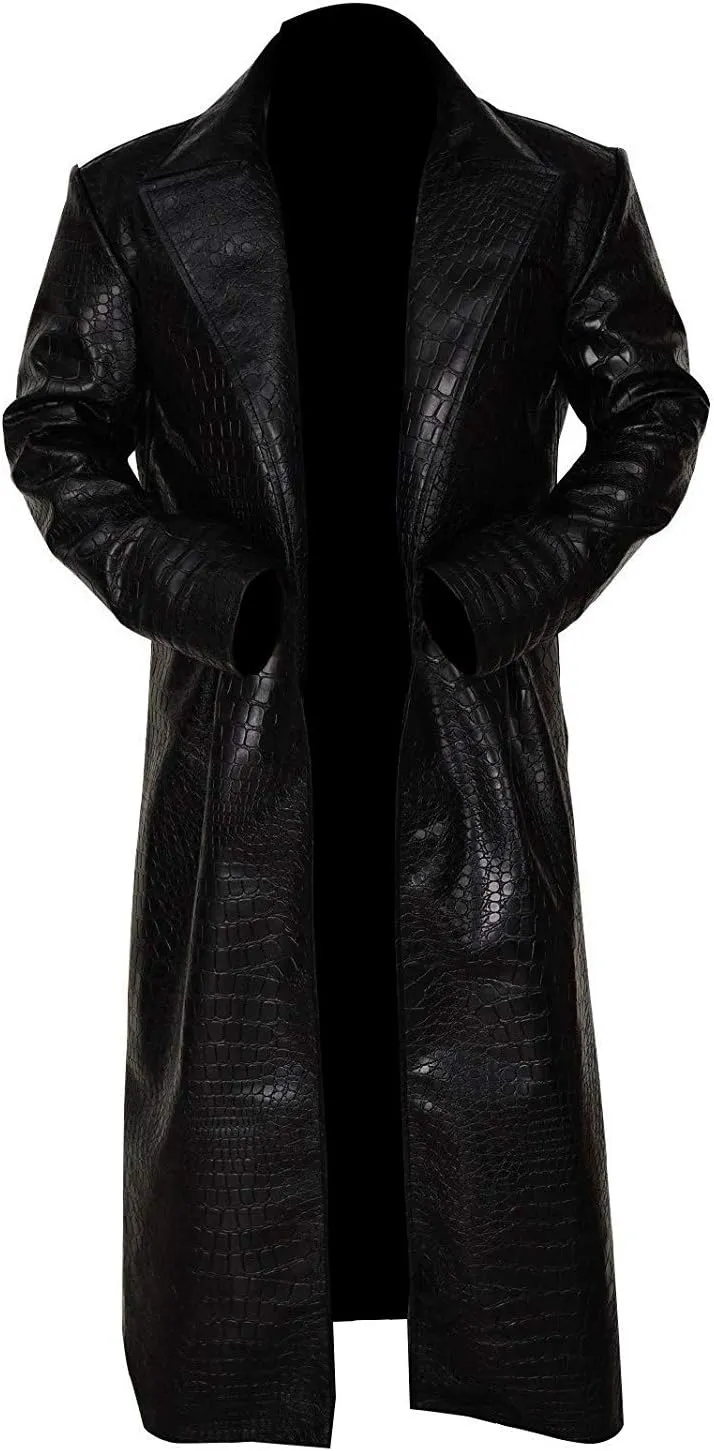 Full Length Genuine Leather Jacket Men - Men's Cosplay Crocodile Pattern Black Leather Overcoat