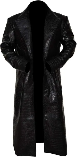 Full Length Genuine Leather Jacket Men - Men's Cosplay Crocodile Pattern Black Leather Overcoat